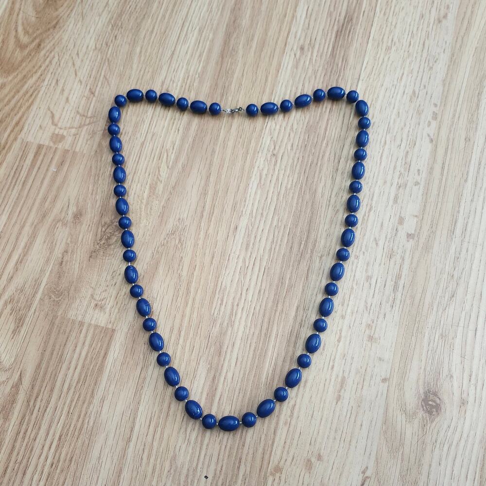 Indigo Blue‎ Acrylic Beaded Necklace Long Graduated Oval Round Plastic Strand